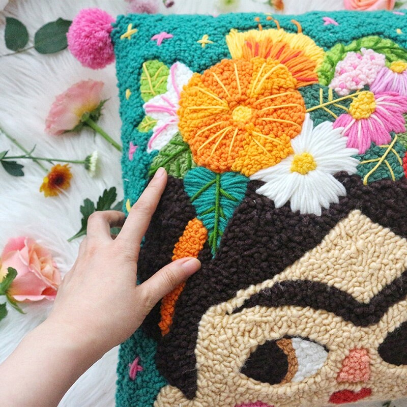 Frida Pillowcase DIY Punch Needle Kit | Yarn Embroidery