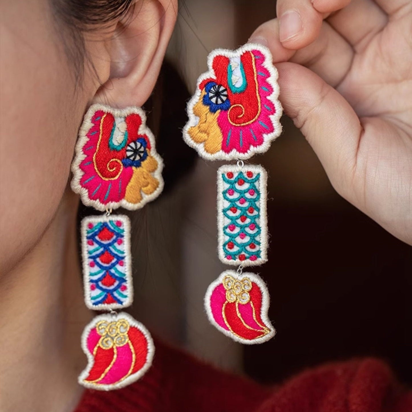 Dragon Earrings Hand Embroidered