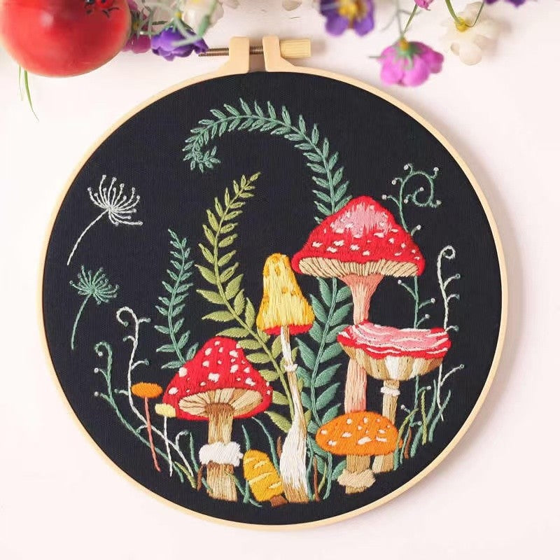 image displaying the embroidered Mushroom DIY Hand Embroidery Kit