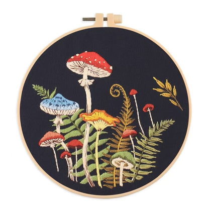 image displaying the embroidered Mushroom DIY Hand Embroidery Kit in white background