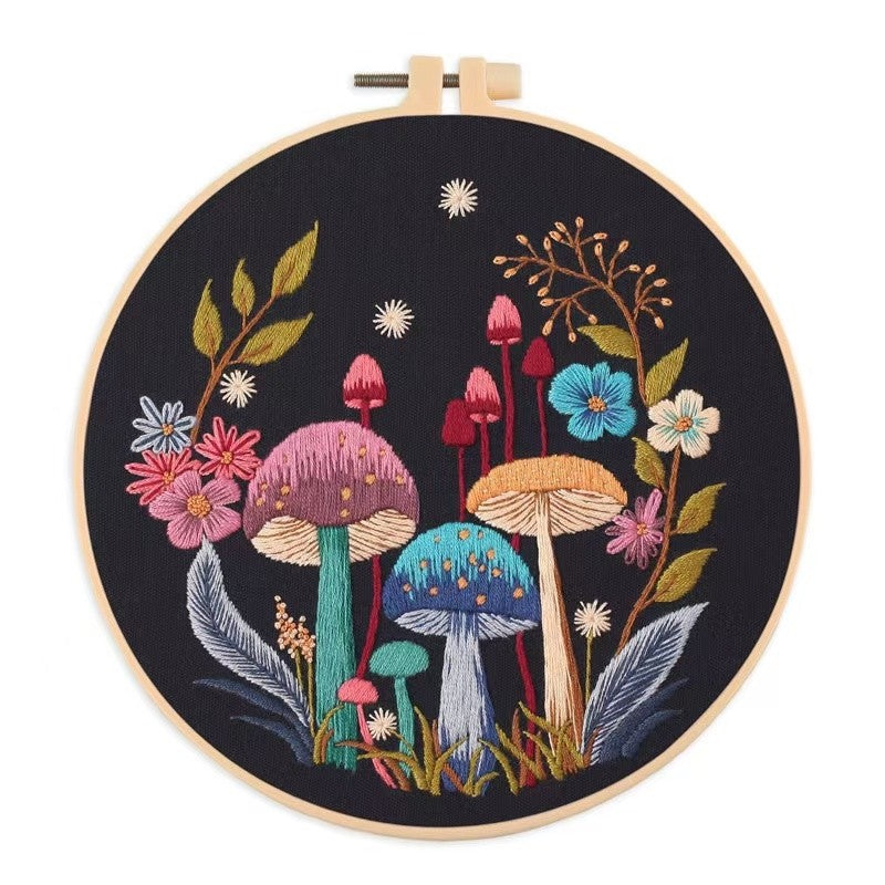 image displaying the embroidered Mushroom DIY Hand Embroidery Kit in white background