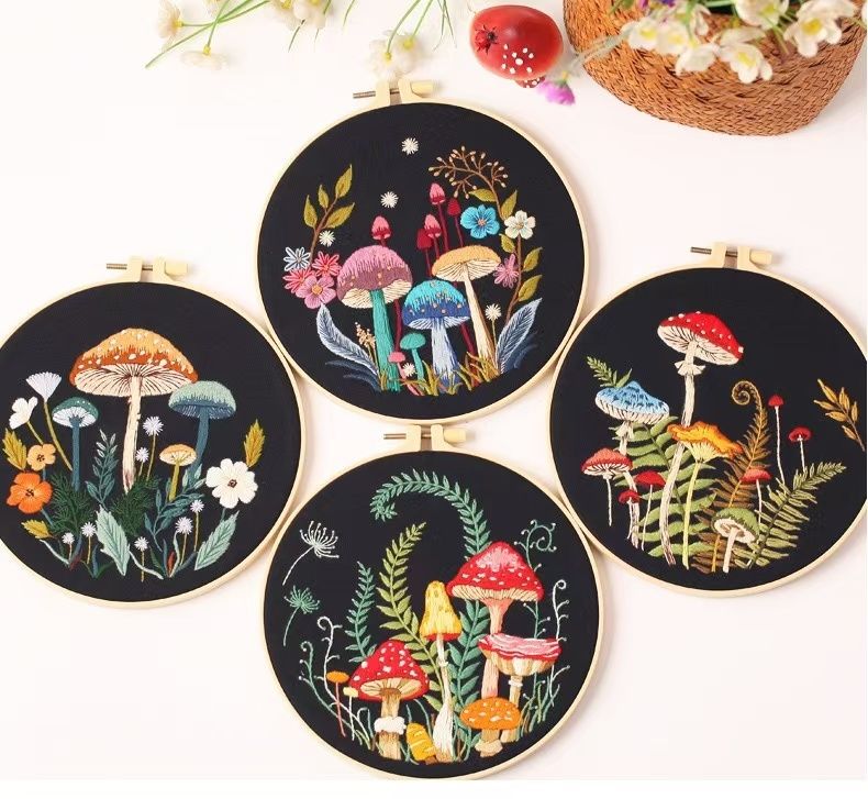 image displaying the embroidered Mushroom DIY Hand Embroidery Kit