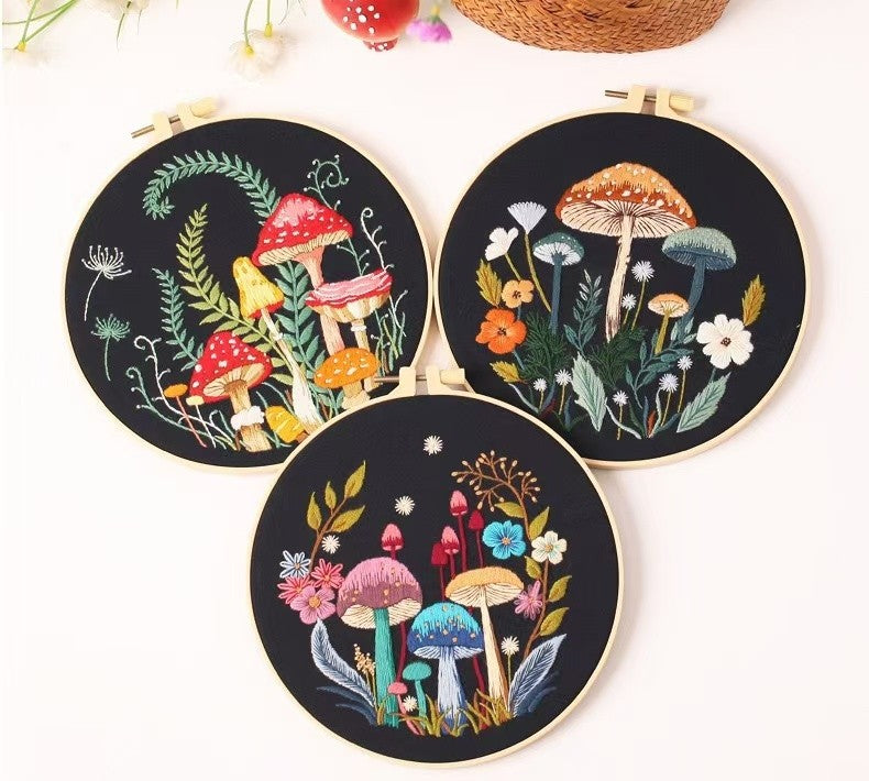 image displaying the embroidered Mushroom DIY Hand Embroidery Kits