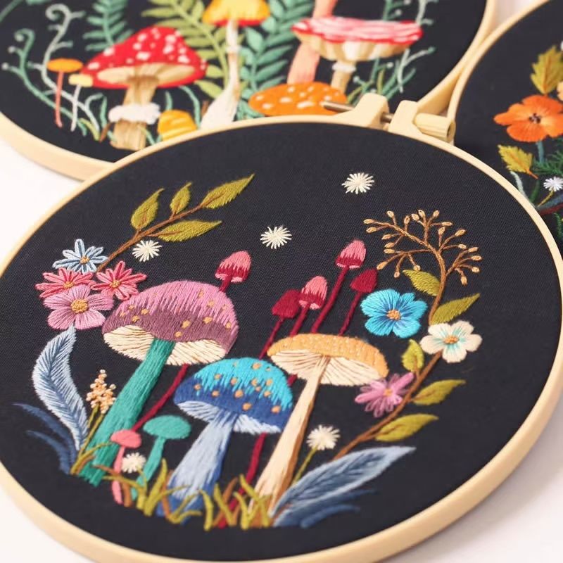 close up the embroidered Mushroom DIY Hand Embroidery Kit