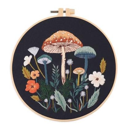 image displaying the embroidered Mushroom DIY Hand Embroidery Kit in white background