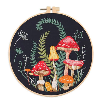 image displaying the embroidered Mushroom DIY Hand Embroidery Kit in white background