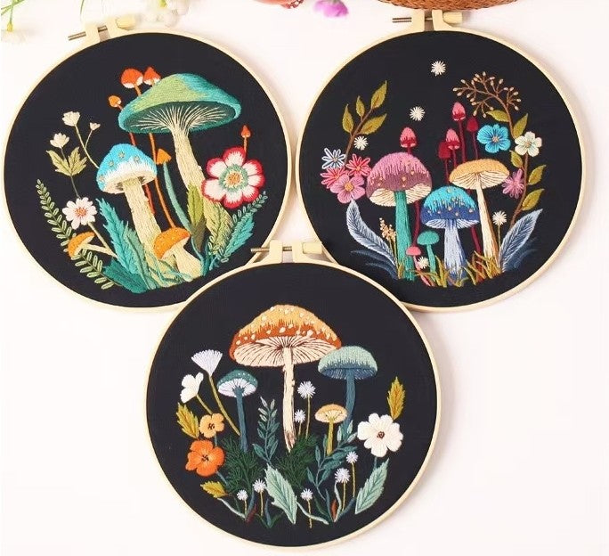 image displaying the embroidered Mushroom DIY Hand Embroidery Kit